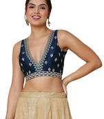 Salwar Studio Women's Navy Blue Mulbury Silk Readymade Saree Blouse