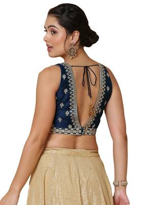 Salwar Studio Women's Navy Blue Mulbury Silk Readymade Saree Blouse 2