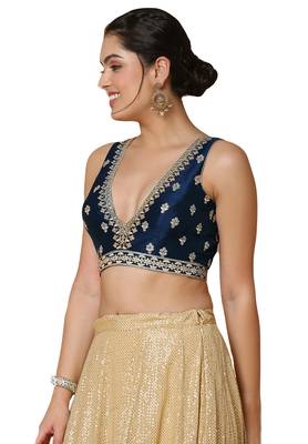 Salwar Studio Women's Navy Blue Mulbury Silk Readymade Saree Blouse 3