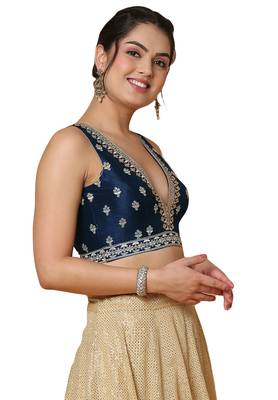Salwar Studio Women's Navy Blue Mulbury Silk Readymade Saree Blouse 4