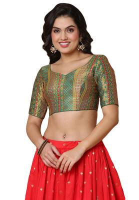 Salwar Studio Women's Green Brocade Readymade Saree Blouse 1