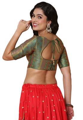 Salwar Studio Women's Green Brocade Readymade Saree Blouse 2