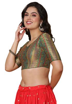 Salwar Studio Women's Green Brocade Readymade Saree Blouse 3