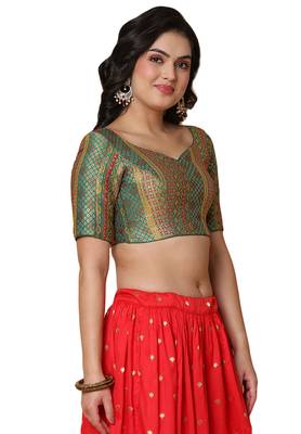 Salwar Studio Women's Green Brocade Readymade Saree Blouse 4