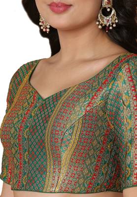 Salwar Studio Women's Green Brocade Readymade Saree Blouse 5