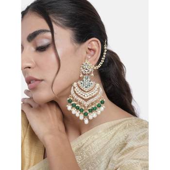 Intricately Designed Traditional Long Earrings Green Enamel Glided With Kundans & Pearls  1