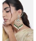 Intricately Designed Traditional Long Earrings Green Enamel Glided With Kundans & Pearls 