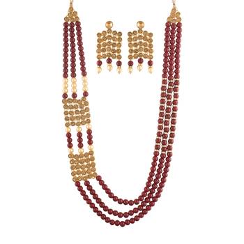 Intricately Designed Traditional Long Beaded Jewellery Set With Earrings Glided with Stone & Pearls  1
