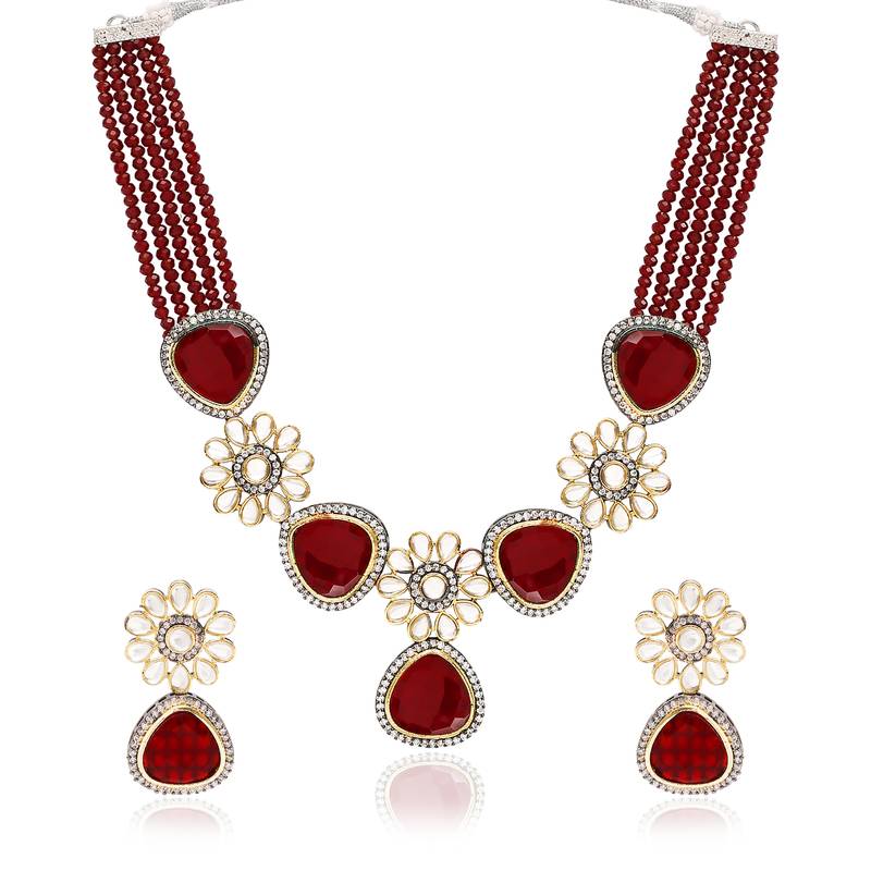 Traditional Kundan & Stone Studded Onyx Crystal Beads Necklace Jewellery Set For Women 
