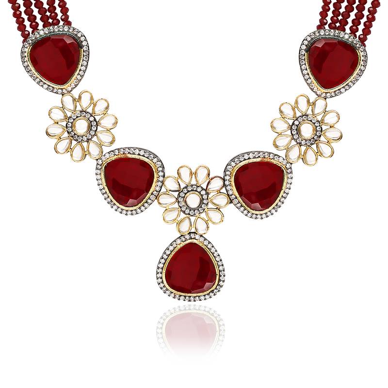 Traditional Kundan & Stone Studded Onyx Crystal Beads Necklace Jewellery Set For Women 