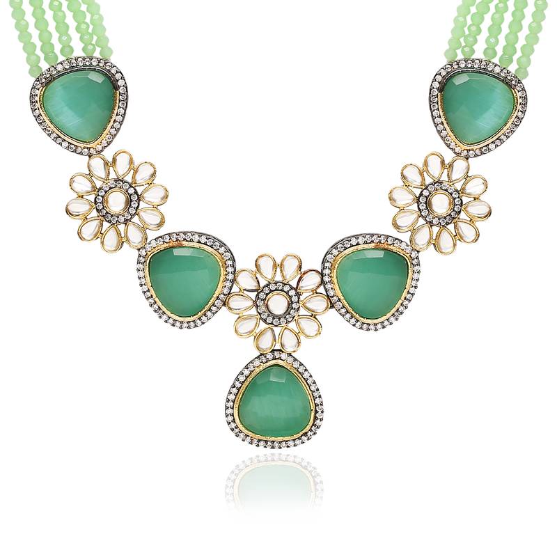 Traditional Kundan & Stone Studded Onyx Crystal Beads Necklace Jewellery Set For Women 