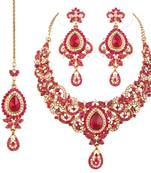 Traditional Stone Necklace Set with maang tikka for Women(Rani/Dark Pink)(M4027Q)