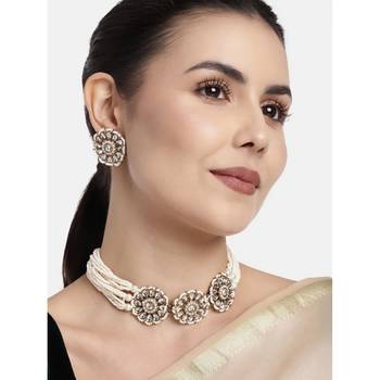 Traditional Kundan Studded Pearl choker with Earrings For Women/Girls  1