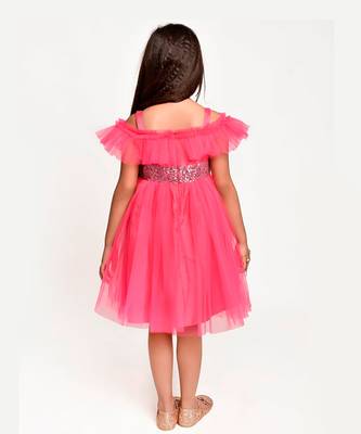 Jelly Jones sequance  embelished Net Partywear Dress-Neon Pink 2
