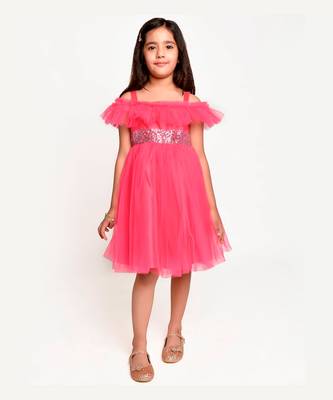 Jelly Jones sequance  embelished Net Partywear Dress-Neon Pink 1