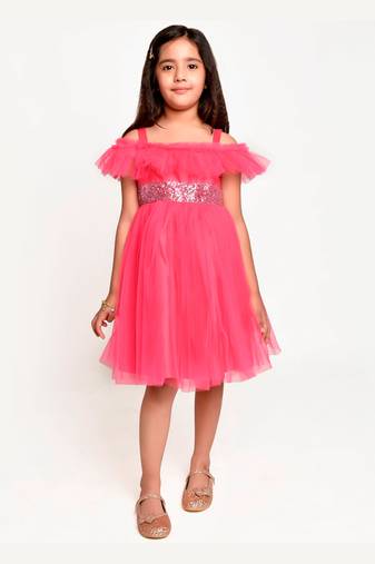 Jelly Jones sequance  embelished Net Partywear Dress-Neon Pink