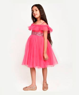Jelly Jones sequance  embelished Net Partywear Dress-Neon Pink 3