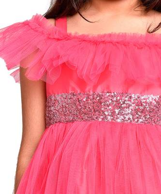 Jelly Jones sequance  embelished Net Partywear Dress-Neon Pink 4