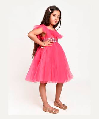 Jelly Jones sequance  embelished Net Partywear Dress-Neon Pink 5