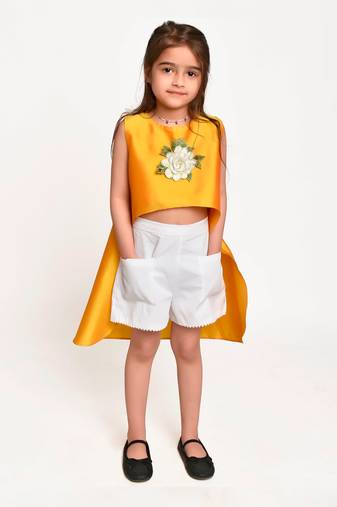 Jelly Jones  Asymmetric Flower Emblished top and White shorts-Yellow