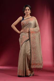 Ecru Blended Cotton Handwoven Saree With Woven Copper Zari Foliage Designs