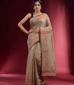 Ecru Blended Cotton Handwoven Saree With Woven Copper Zari Foliage Designs