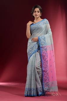 Powder Blue Cotton handspun Handwoven Saree With Woven Floral Borders And Contrast Pallu