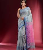 Powder Blue Cotton handspun Handwoven Saree With Woven Floral Borders And Contrast Pallu