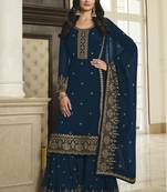 Blue Color Designer Palazzo Salwar Suit In Faux Georgette Fabric With Embroidery Work As Semi Stitched