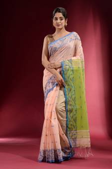 Peach Cotton handspun Handwoven Saree With Woven Floral Borders And Contrast Pallu