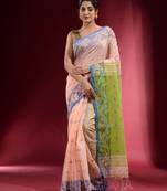 Peach Cotton handspun Handwoven Saree With Woven Floral Borders And Contrast Pallu