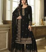 Black Color Designer Palazzo Salwar Suit In Faux Georgette Fabric With Embroidery Work As Semi Stitched