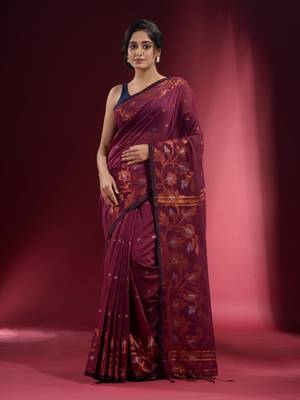Plum Purple Blended Cotton Handwoven Saree With Woven Floral Zari Designs 1