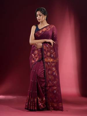 Plum Purple Blended Cotton Handwoven Saree With Woven Floral Zari Designs 2