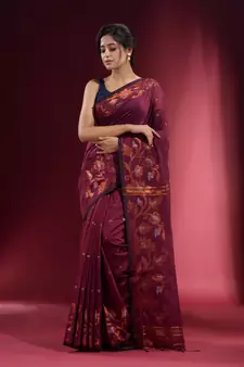 Plum Purple Blended Cotton Handwoven Saree With Woven Floral Zari Designs