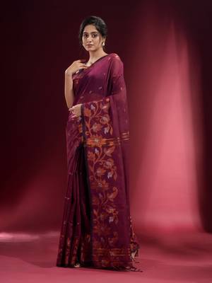 Plum Purple Blended Cotton Handwoven Saree With Woven Floral Zari Designs 3