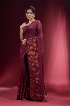 Plum Purple Blended Cotton Handwoven Saree With Woven Floral Zari Designs