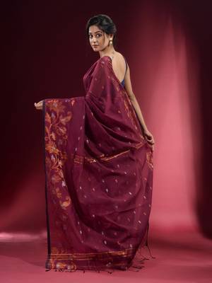 Plum Purple Blended Cotton Handwoven Saree With Woven Floral Zari Designs 4