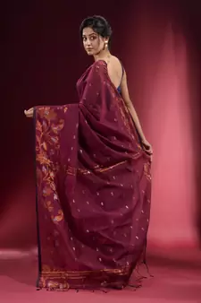 Plum Purple Blended Cotton Handwoven Saree With Woven Floral Zari Designs