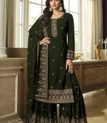 Mahendi Green Color Designer Palazzo Salwar Suit In Faux Georgette Fabric With Embroidery Work As Semi Stitched