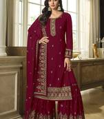 Red Color Designer Palazzo Salwar Suit In Faux Georgette Fabric With Embroidery Work As Semi Stitched
