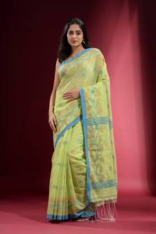 Tea Green Cotton handspun Handwoven Saree With Floral And Foliage Woven Designs