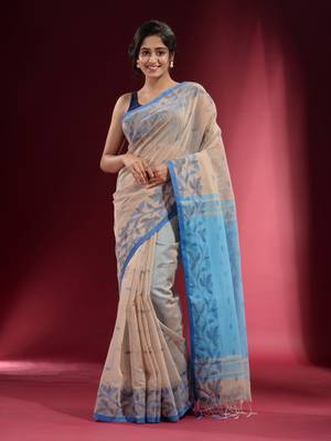 Ecru Cotton handspun Handwoven Saree With Woven Floral Borders And Contrast Pallu 2