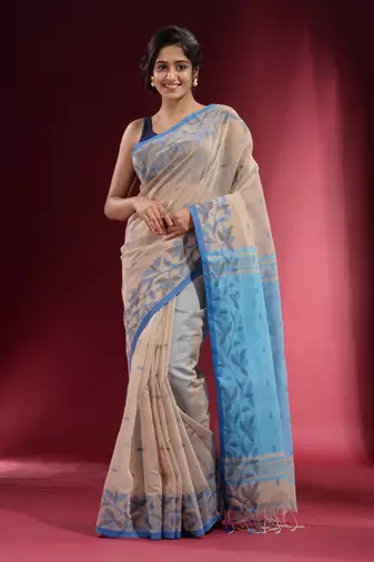 Ecru Cotton handspun Handwoven Saree With Woven Floral Borders And Contrast Pallu