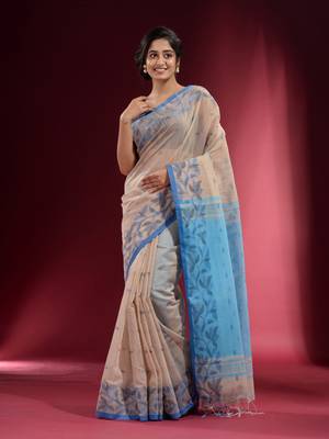 Ecru Cotton handspun Handwoven Saree With Woven Floral Borders And Contrast Pallu 1