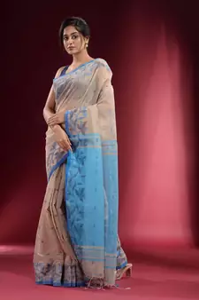 Ecru Cotton handspun Handwoven Saree With Woven Floral Borders And Contrast Pallu