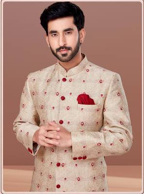 mens beige heavy indo western set 1