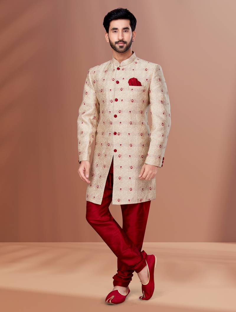 mens beige heavy indo western set