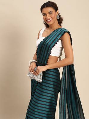 Kasee Peacock Blue Fancy Digital Saree With Sequence Work Flower Design Border Work Saree 1
