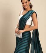 Kasee Peacock Blue Fancy Digital Saree With Sequence Work Flower Design Border Work Saree